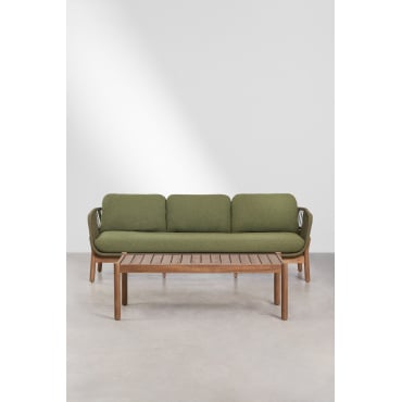 Tuinset Met 3-zitsbank En Rechthoekige Salontafel 120x60 Cm Van Acaciahout En Gevlochten Touw Karvia Acacia Bruin & Bouclé Groen – Salie - Sklum