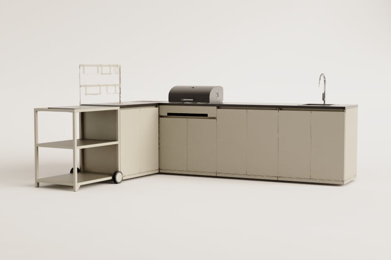 Modulaire buitenhoekkeuken van 6 delen met gootsteen, opbergruimte en houtskoolbarbecue van Rivana-staal