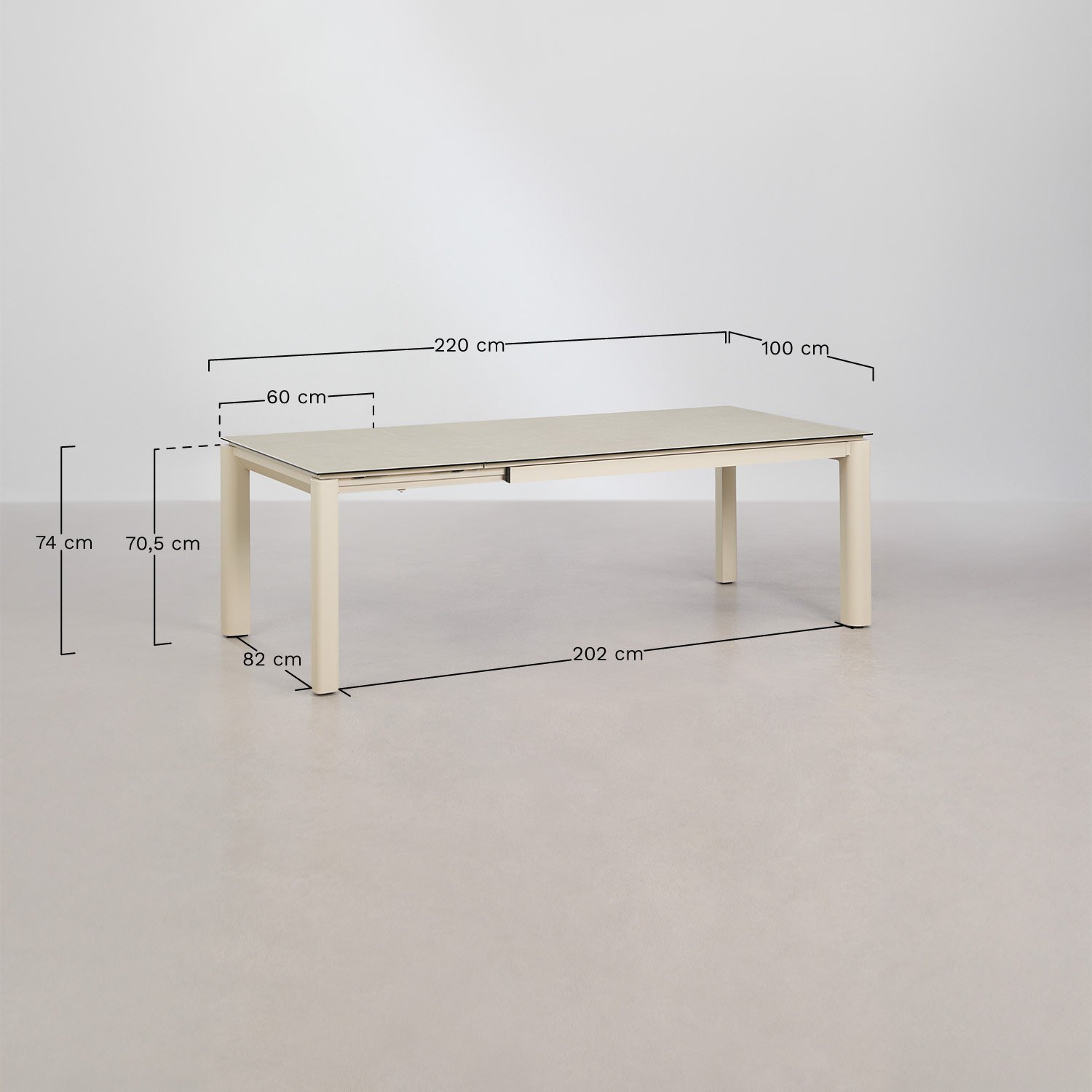 Uitbreidbare rechthoekige tuintafel van keramisch glas Sylvara, AFMETINGEN