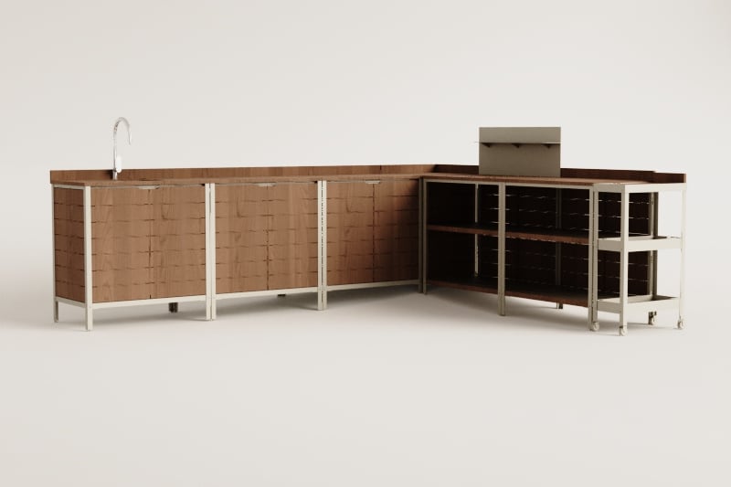 Modulaire buitenkeuken van 7 delen met gootsteen, organizerpaneel en opbergruimte van acaciahout Reggie