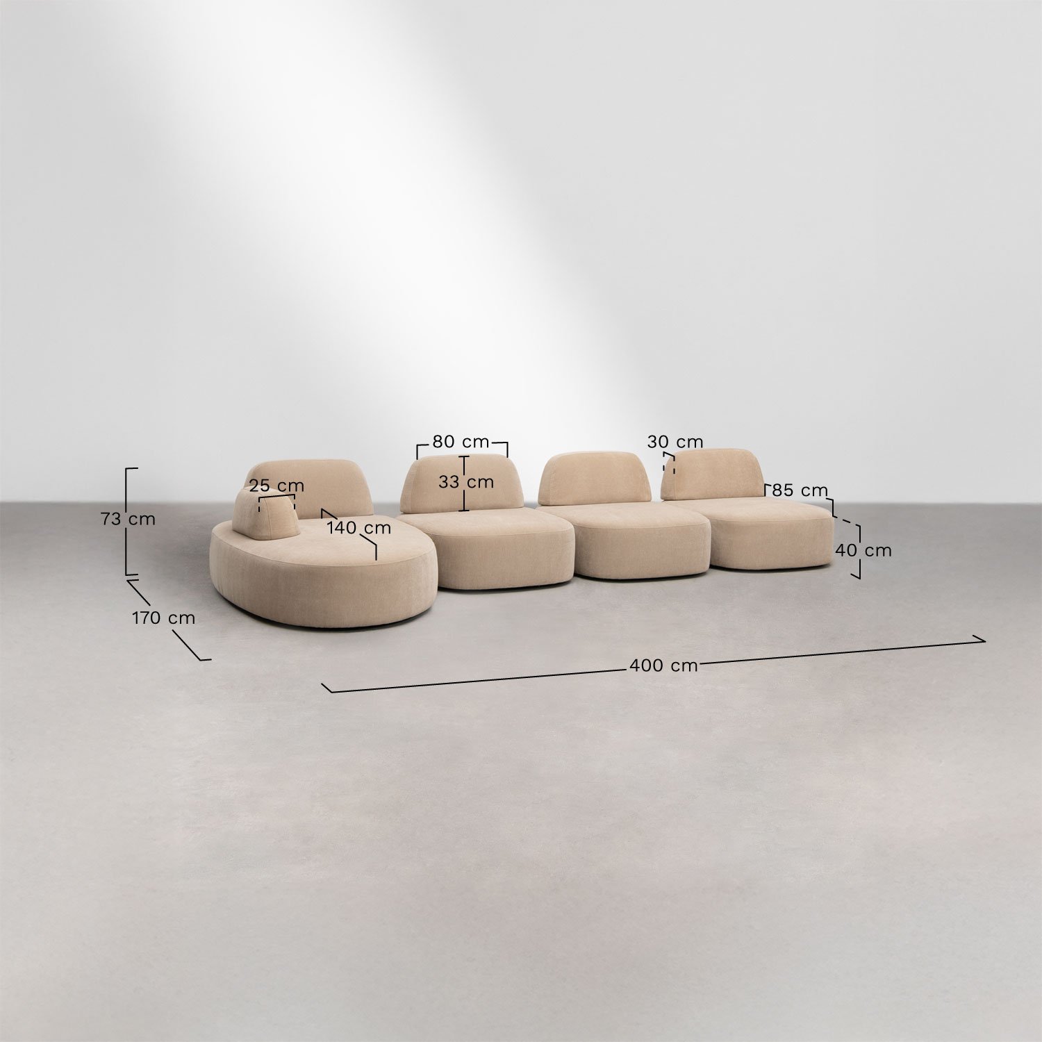 4-delige linker modulaire chaise longue bank bekleed Giorgia, AFMETINGEN