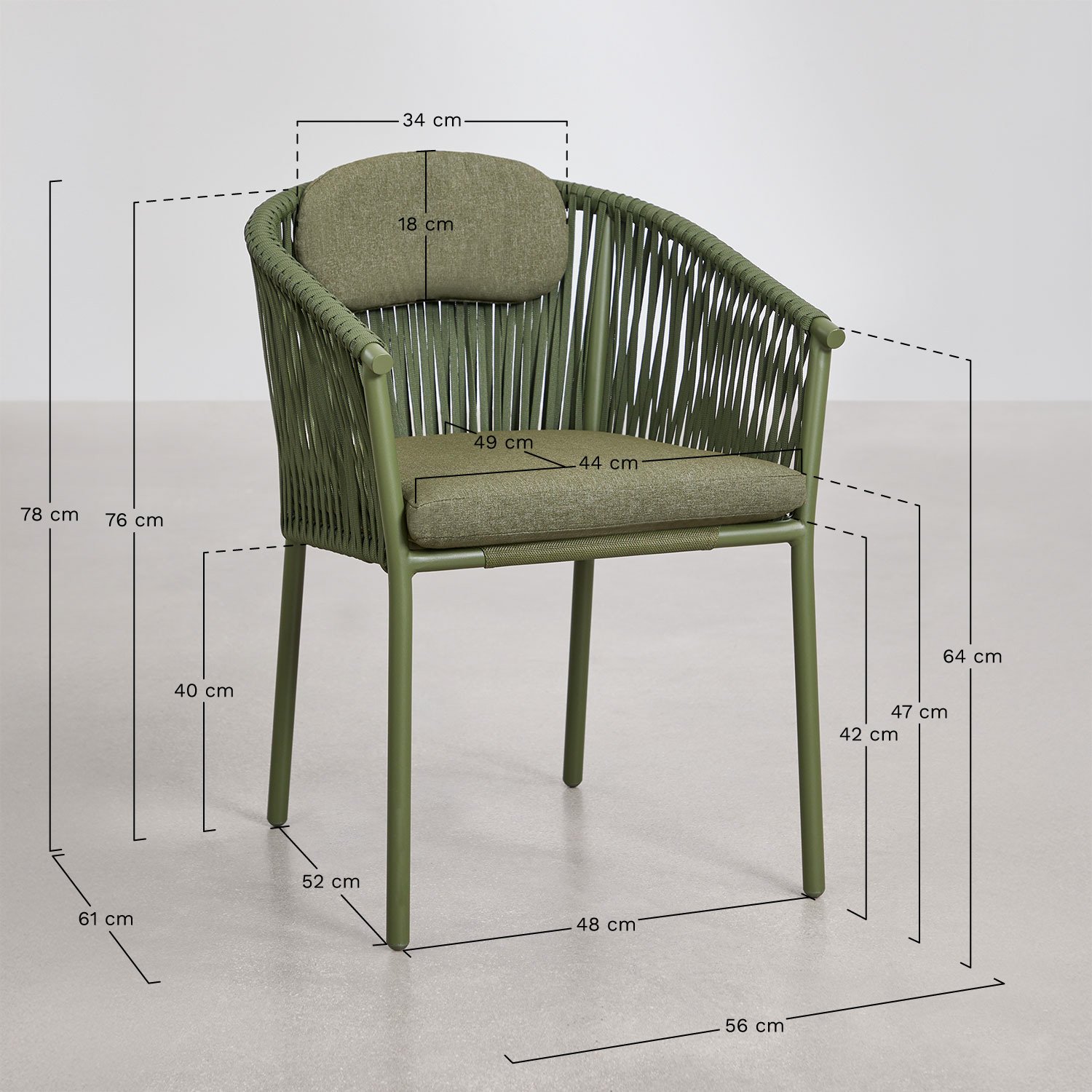 Stapelbare set van 4 tuinstoelen met armleuningen van aluminium en gevlochten touw Ondina, AFMETINGEN