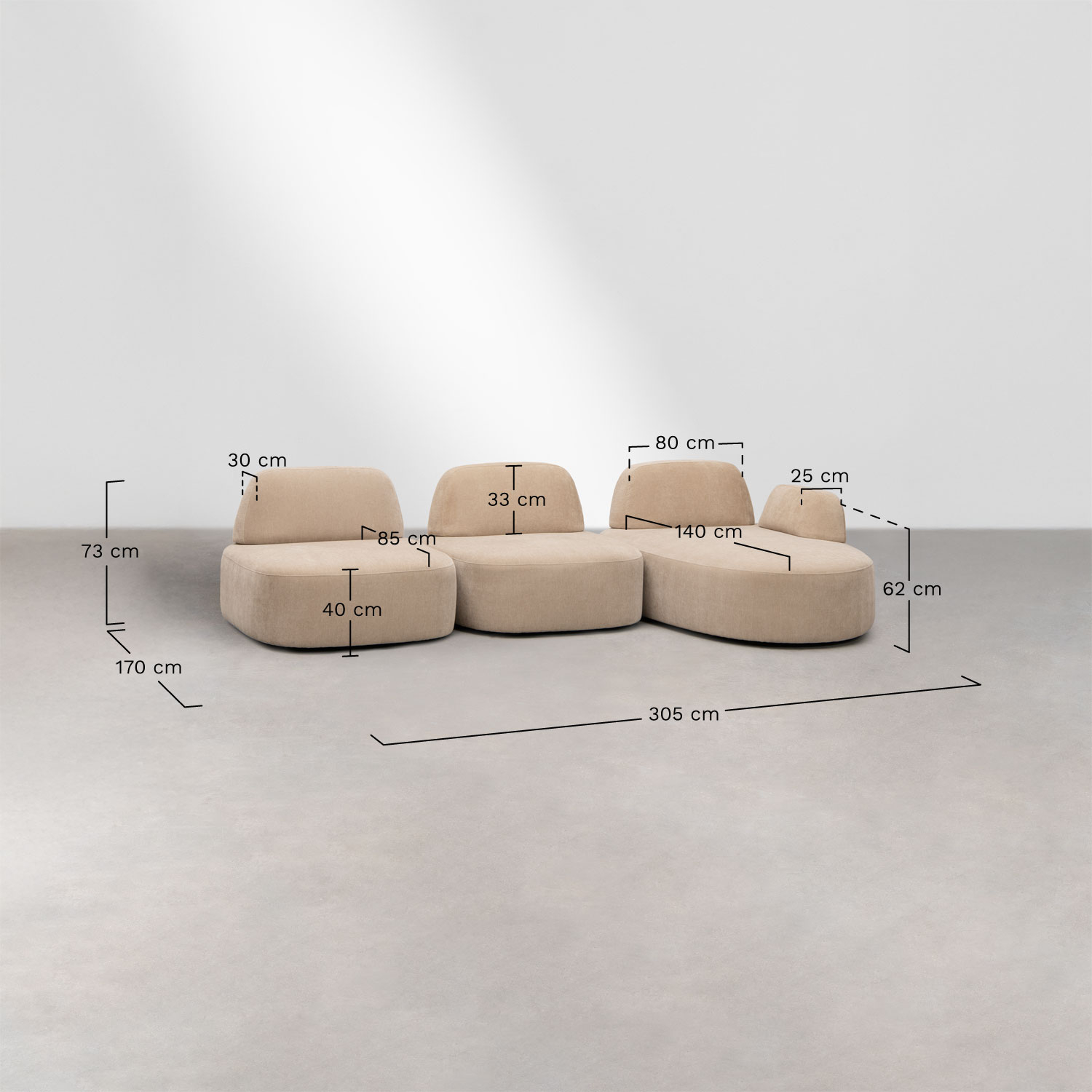 Rechtsmodulaire chaise longue bank van 3 delen bekleed Giorgia, AFMETINGEN