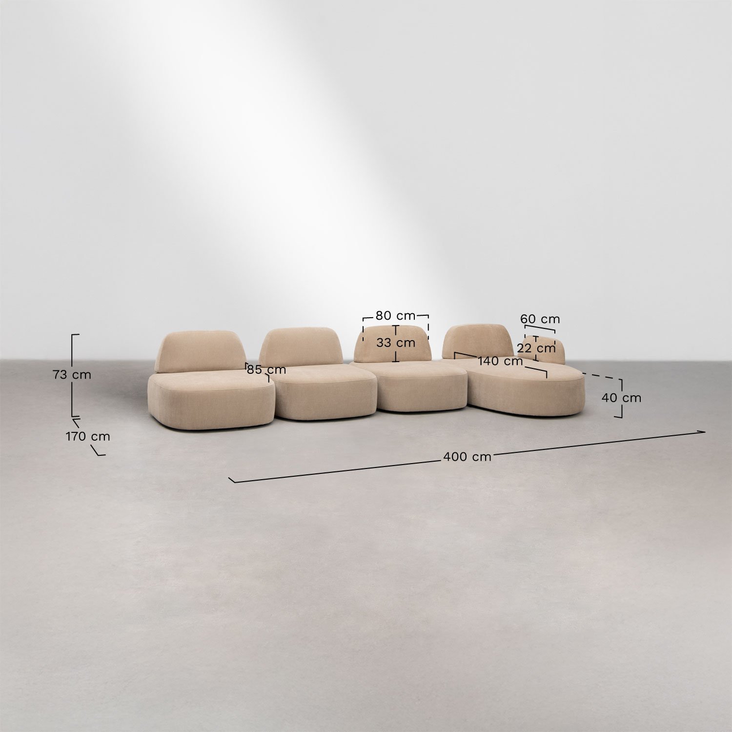 Rechte 4-delige modulaire chaise longue bank Giorgia bekleed, AFMETINGEN