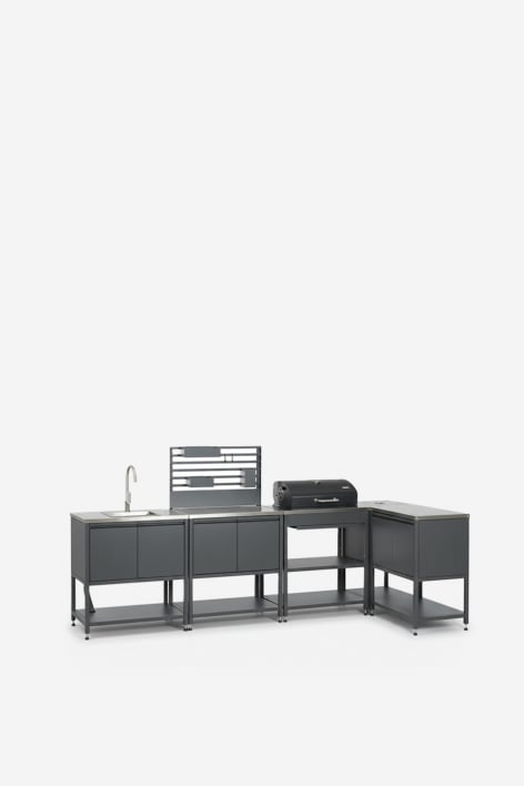 Modulaire buitenhoekkeuken van 5 delen met gootsteen, organizerpaneel en Savona koolskoolbarbecue van staal