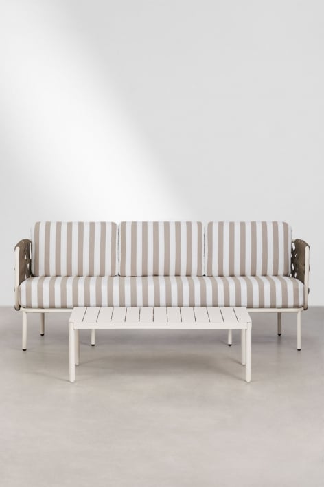 Tuinset met 3-zits bank van gevlochten touw Tevary en salontafel van aluminium Boleni - Stoff Mokka Bruin - Wit Gardenia