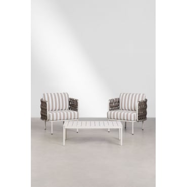 Tuinset Met 2 Stoelen Van Gevlochten Touw Tevary En Salontafel Van Aluminium Boleni Stoff Mokka Bruin - Wit Gardenia - Sklum