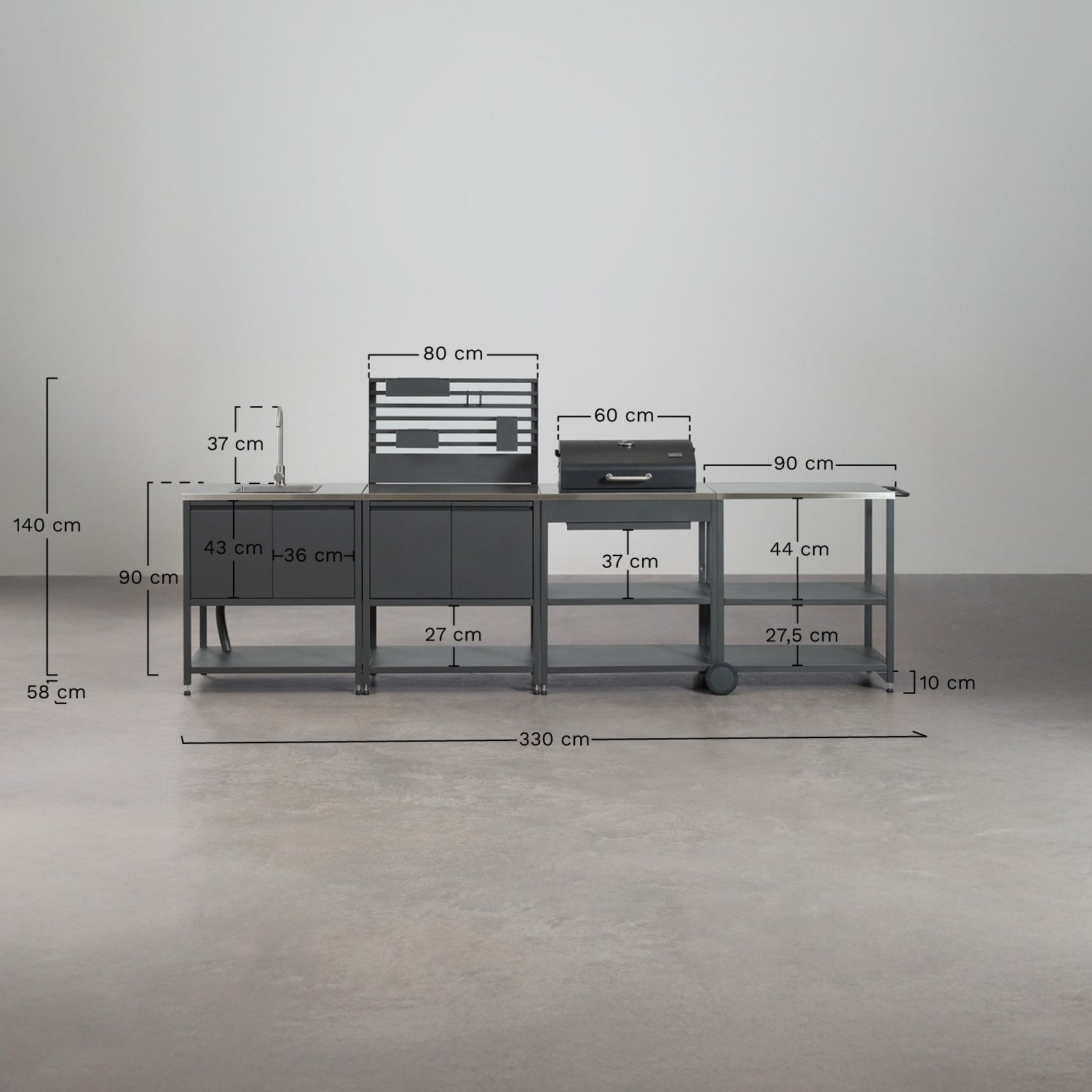 Modulaire buitenkeuken van 4 delen met gootsteen, organizerpaneel en Savona koolskoolbarbecue van staal, AFMETINGEN