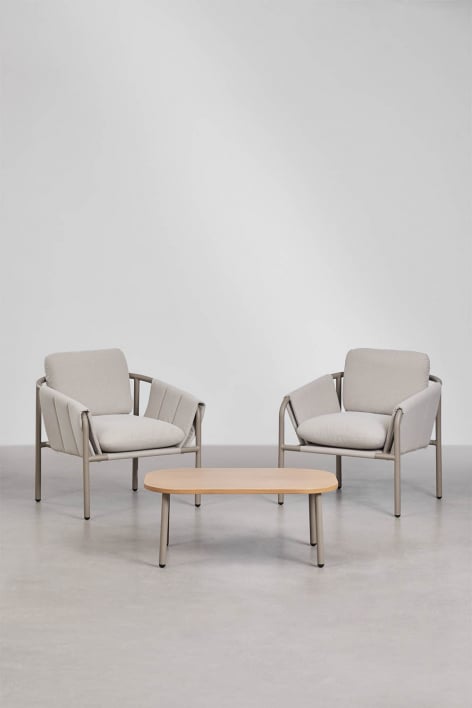 Zunika tuinset met 2 gestoffeerde fauteuils en salontafel van staal