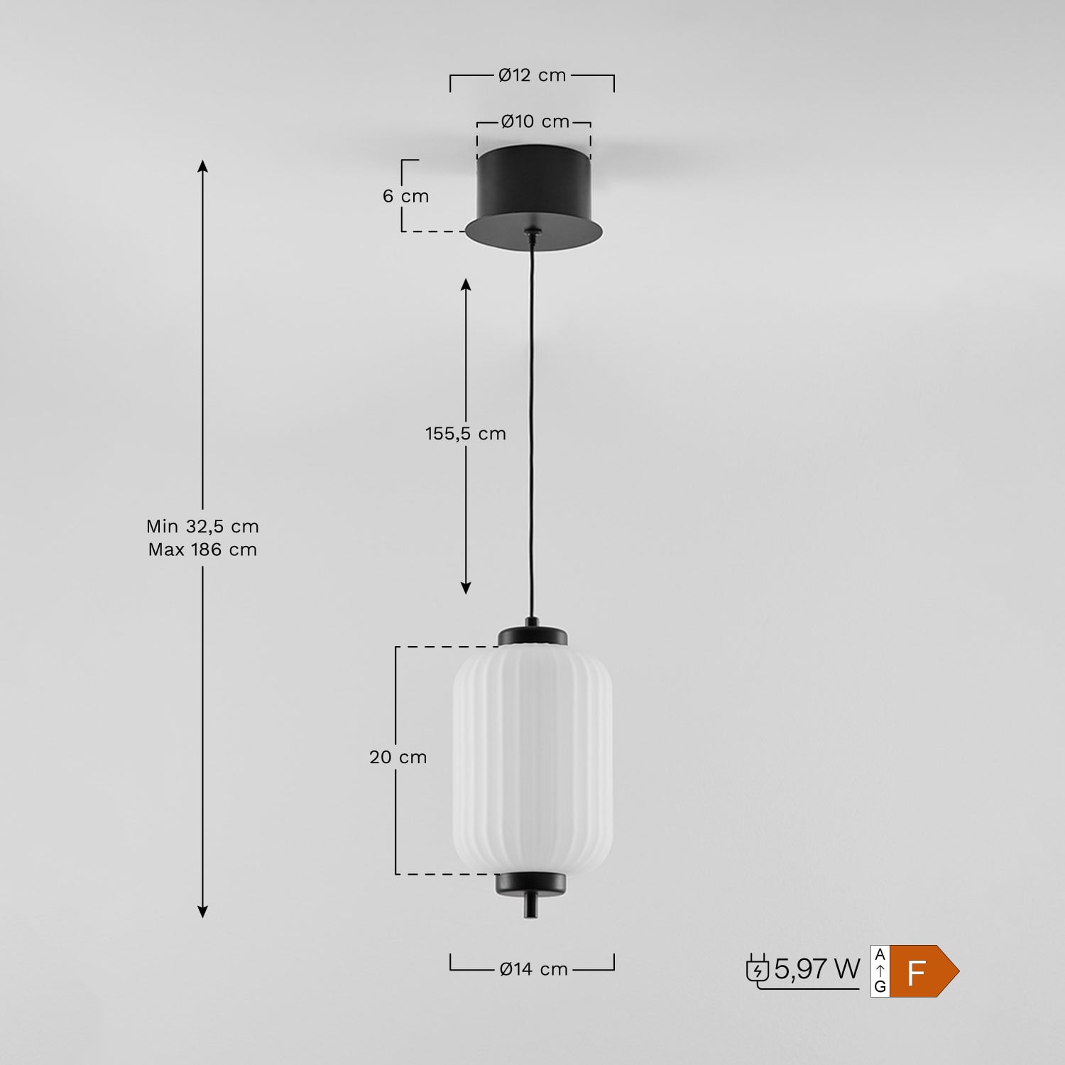 LED hanglamp van ijzer met 1 glazen bol Necsar, AFMETINGEN