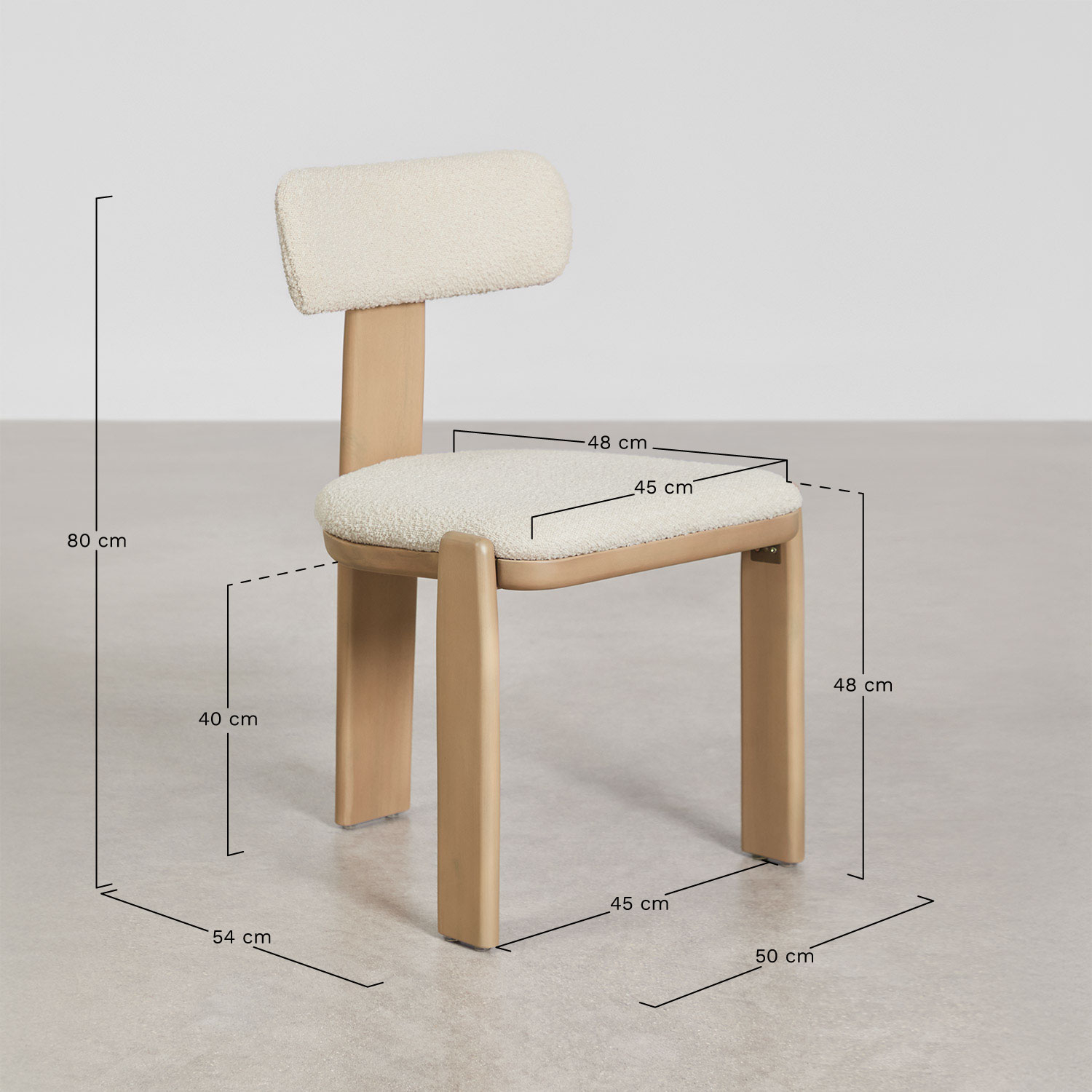 Pack van 4 tuinstoelen van acaciahout en Malta bouclé stof, AFMETINGEN