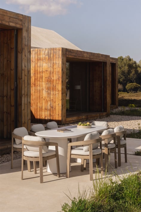 Set van 220x95 cm ovale tafel in Noemi cement en 8 Uleno acaciahouten tuinstoelen