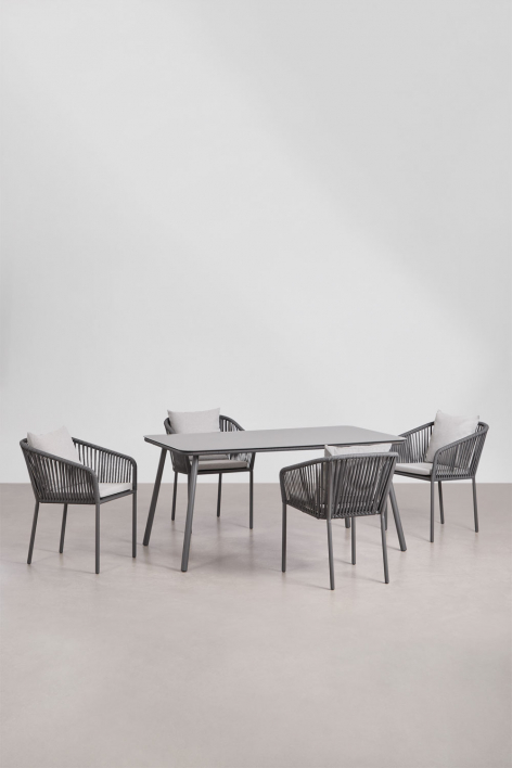 Rechthoekige tuintafelset 160x90 cm met 4 stoelen van gevlochten touw Arhiza Classic - Grijs – Grafiet