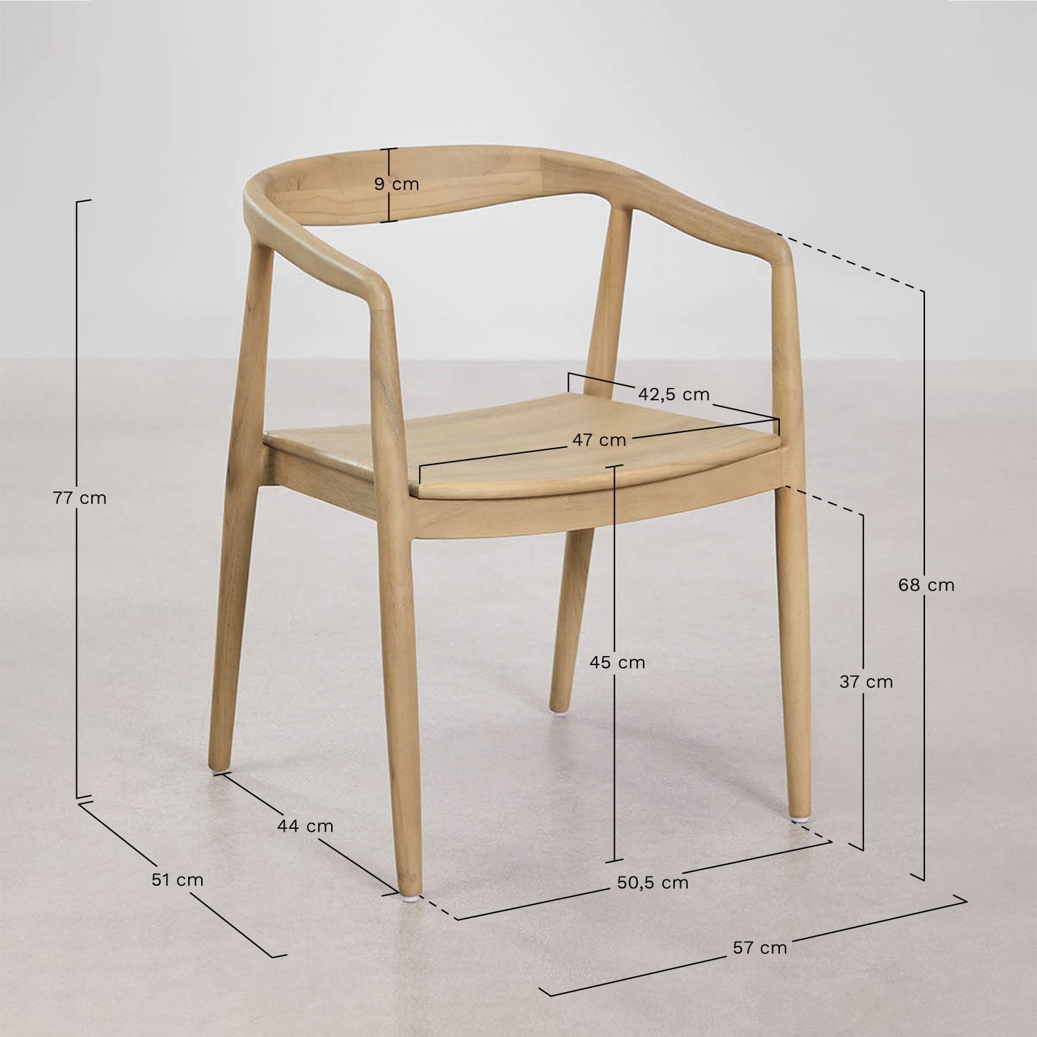 Set van 2 eetkamerstoelen met armleuningen van teakhout Rokan, AFMETINGEN