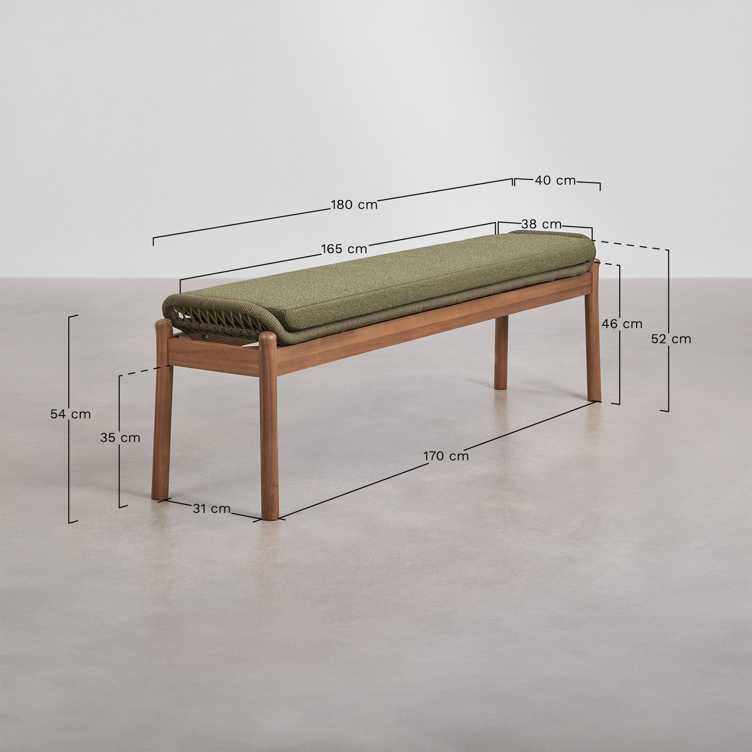 Rechthoekige tafelset 180x90 cm en 2 tuinbanken van acaciahout en gevlochten touw Karvia, AFMETINGEN