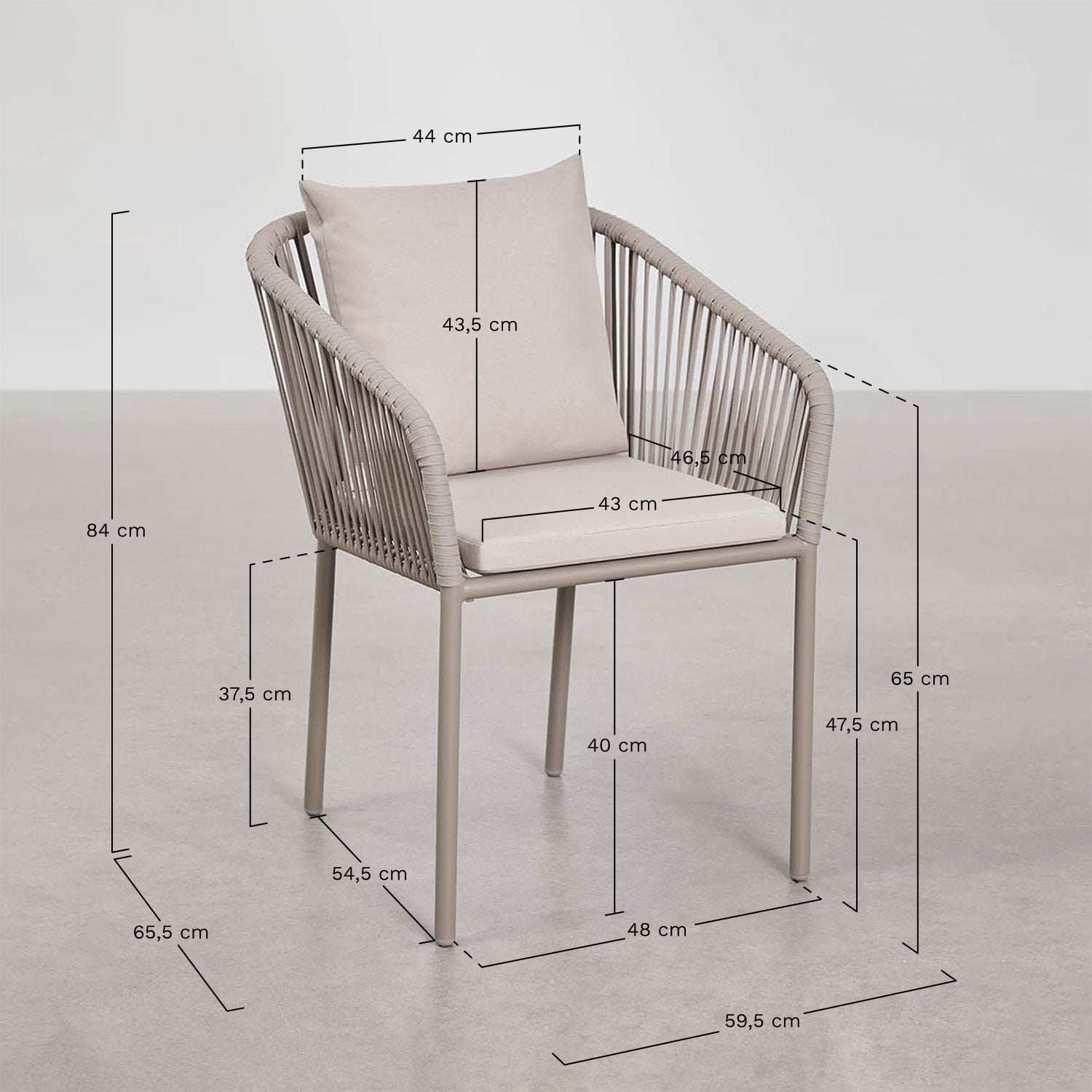 Rechthoekige tuintafelset 160x90 cm met 6 stoelen van gevlochten touw Arhiza Classic, AFMETINGEN