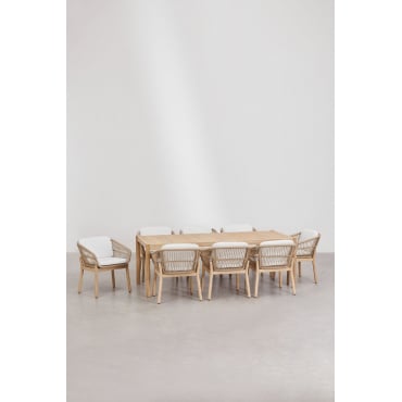 Rechthoekige Eettafelset 220x100 Cm Met 8 Eetkamerstoelen Van Acaciahout En Gevlochten Touw Karvia Lichte Acaciekleur & Stof Wit - Sklum