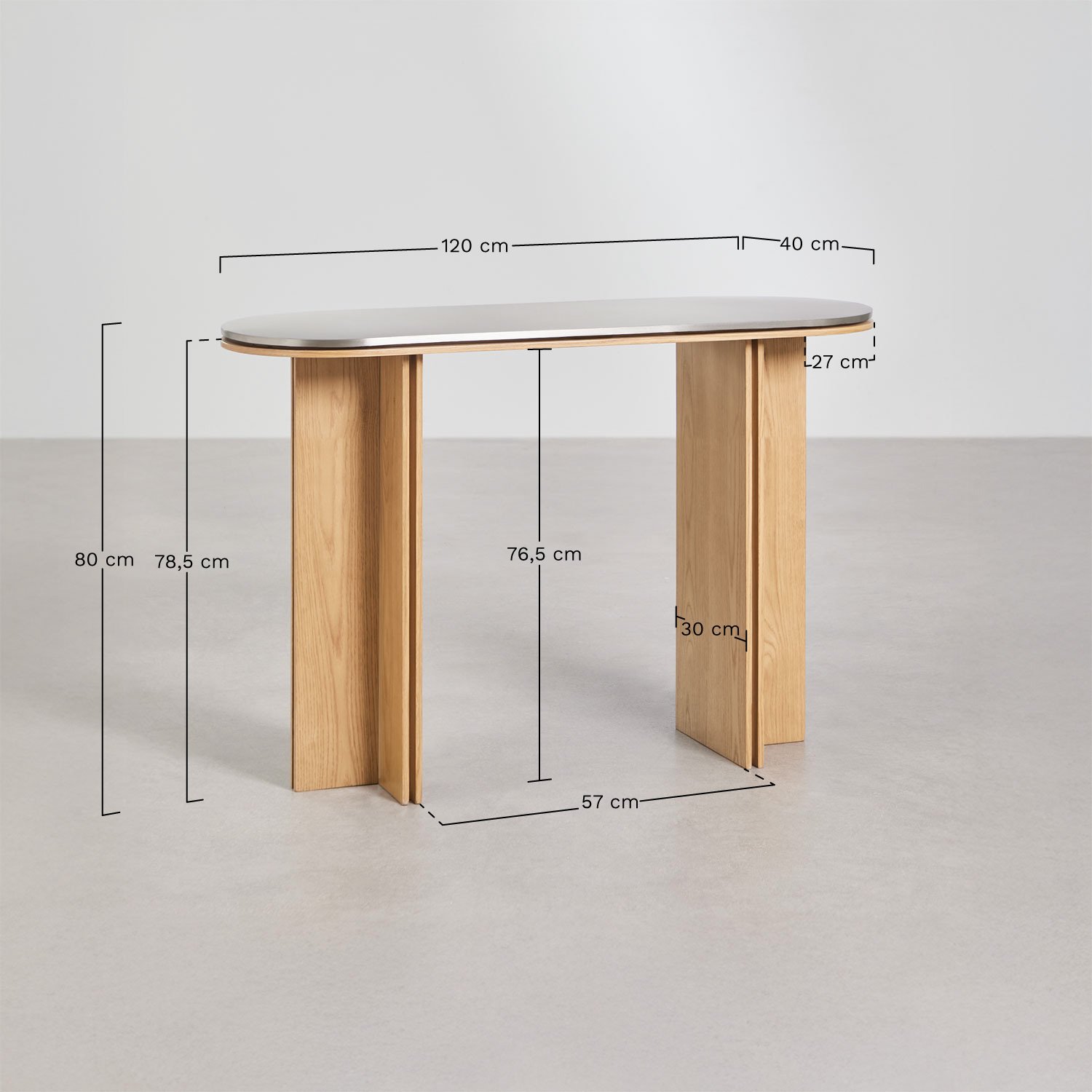 Ovale halfronde console 120x40 cm in eikenfineer en roestvrij staal Lindina, AFMETINGEN