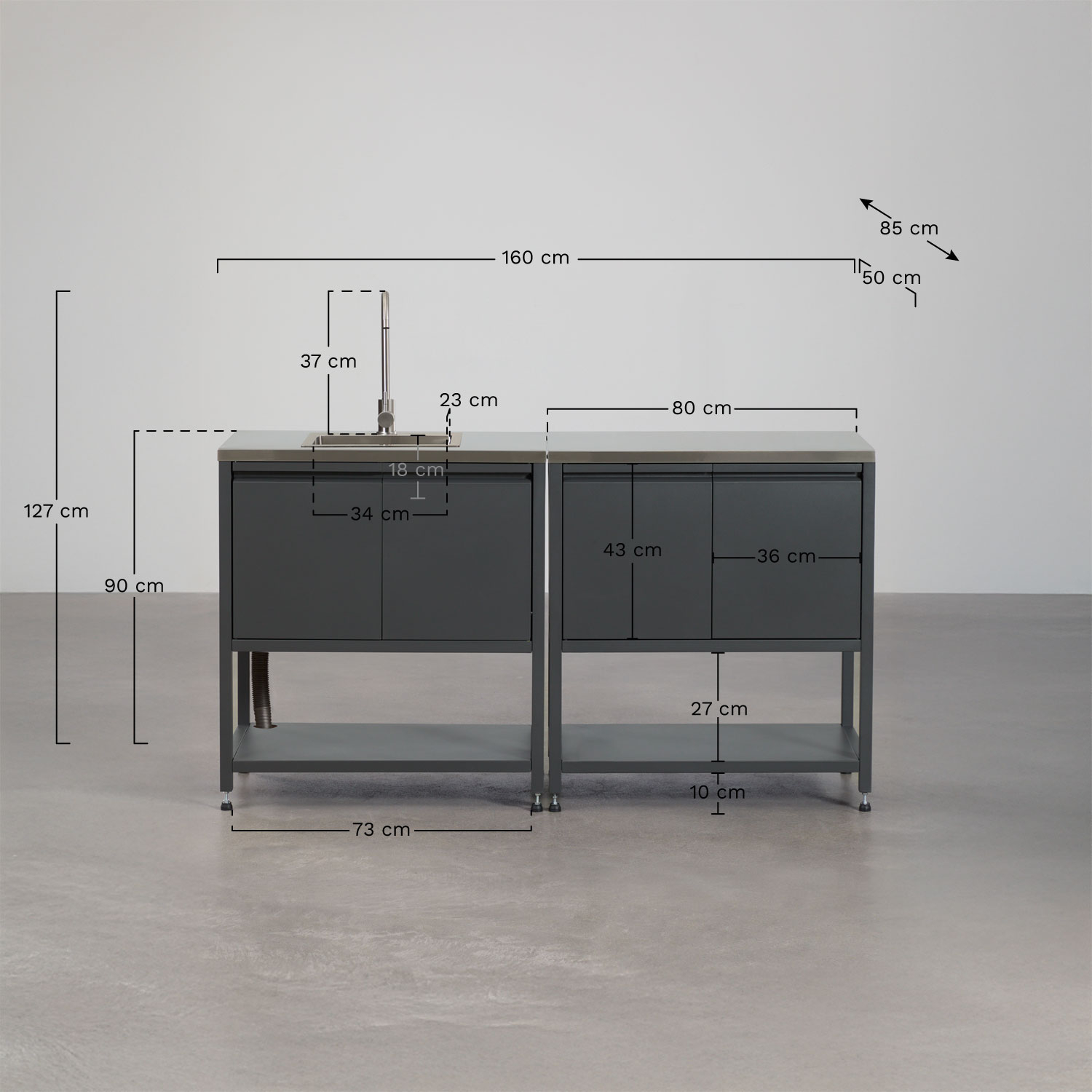 Modulaire buitenkeuken van 2 delen met spoelbak en opbergruimte in staal Savona, AFMETINGEN