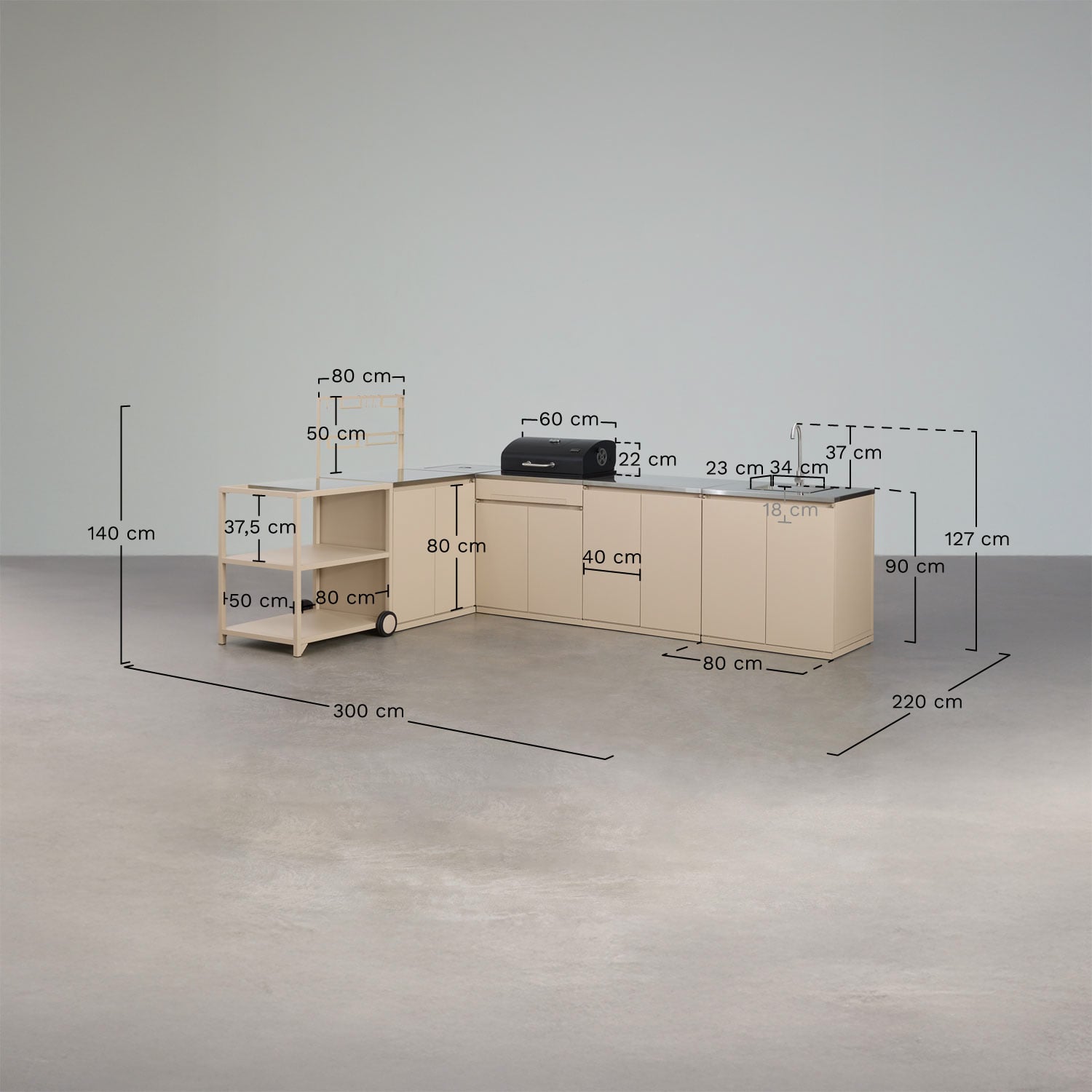 Modulaire buitenhoekkeuken van 6 delen met gootsteen, opbergruimte en houtskoolbarbecue van Rivana-staal, AFMETINGEN