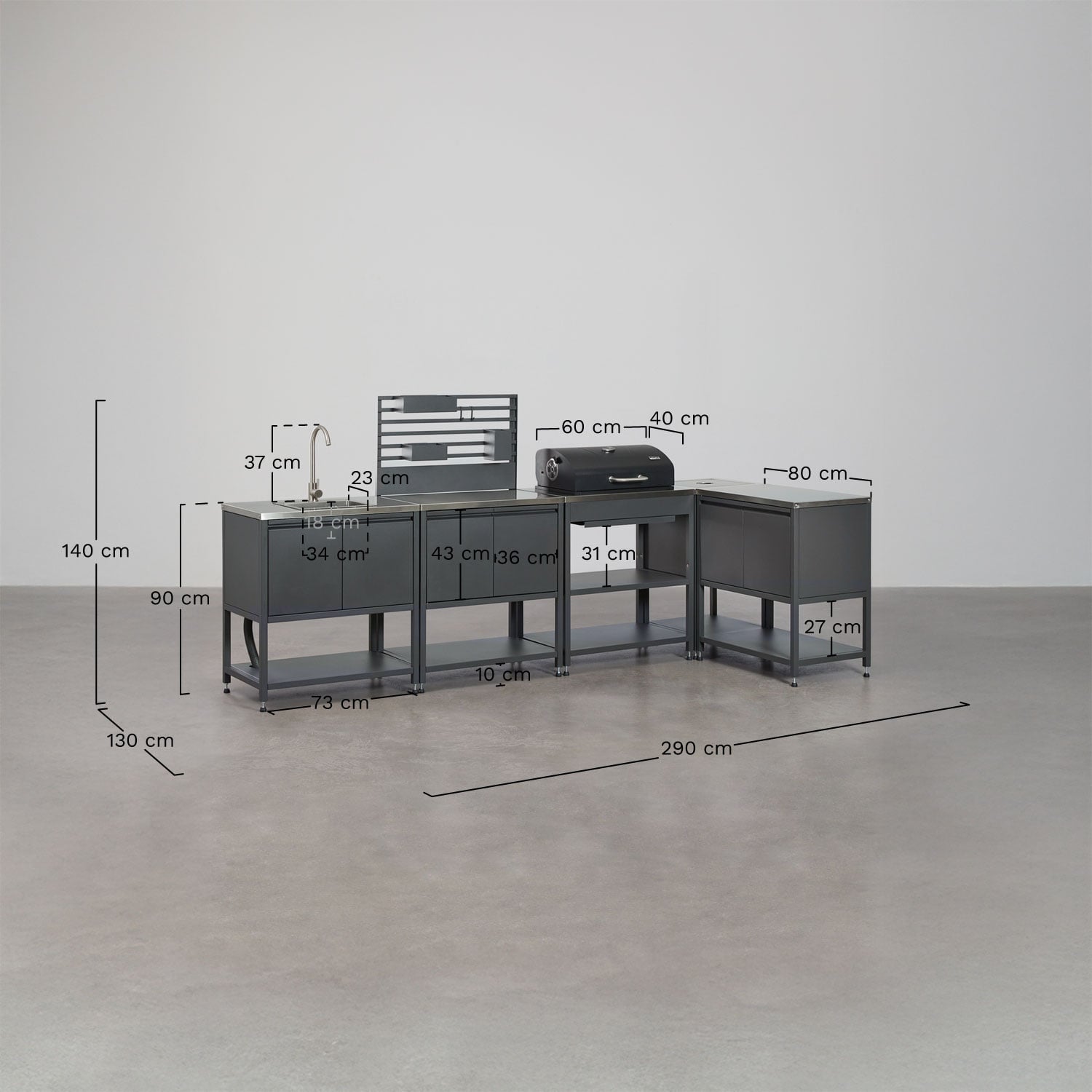 Modulaire buitenhoekkeuken van 5 delen met gootsteen, organizerpaneel en Savona koolskoolbarbecue van staal, AFMETINGEN