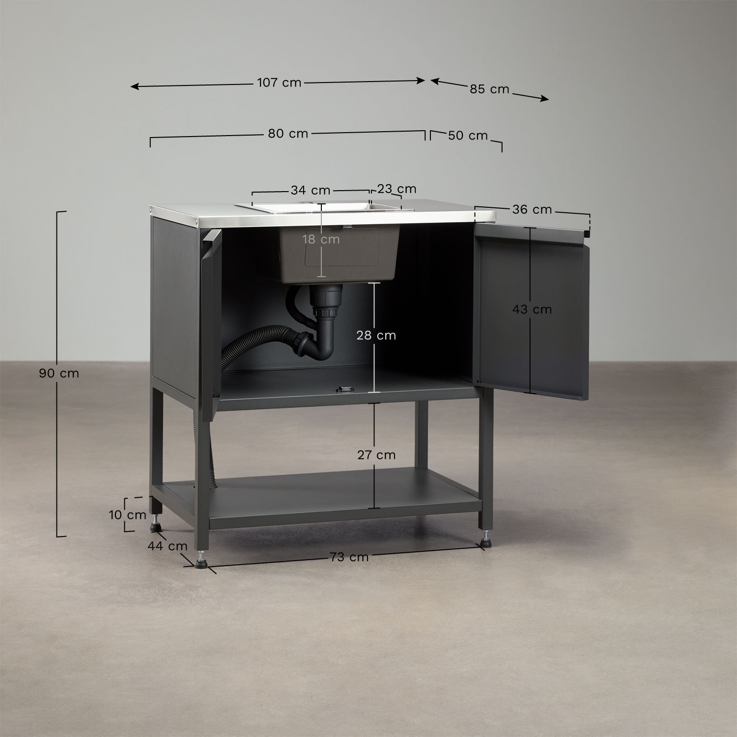 Opslagmodule met gootsteen voor modulaire buitenkeuken van staal Savona, AFMETINGEN