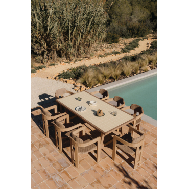 Rechthoekige 200x100 Cm Eettafelset Met Dubai Tegels En 8 Tuinstoelen Van Acaciahout En Synthetisch Riet Ginara Tapioca Beige - Sklum