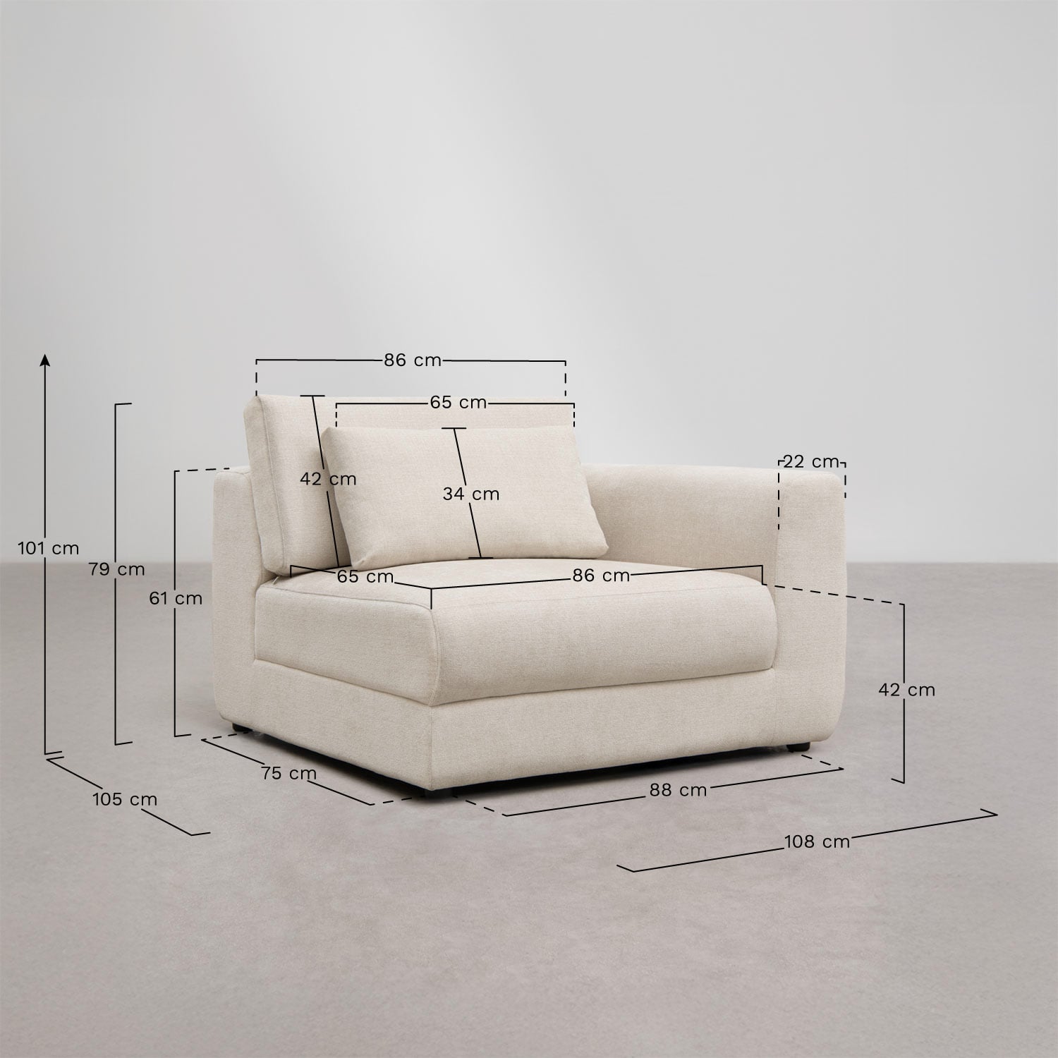 Rechter hoekmodule voor modulaire bank met verstelbare hoofdsteun in chenille Cataline, AFMETINGEN