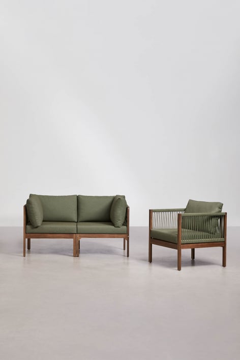 Woonkamerset met 2-delige modulaire bank met armleuningen en fauteuil van acaciahout Branson - Groen – intens olijf