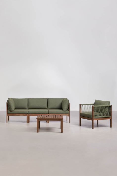 Woonkamerset met 3-delige modulaire bank met armleuningen, fauteuil en salontafel van Branson acaciahout