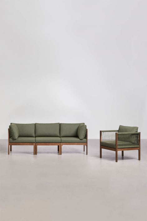 Woonkamerset met modulaire 3-zitsbank met armleuningen en fauteuil van acaciahout Branson - Groen – intens olijf