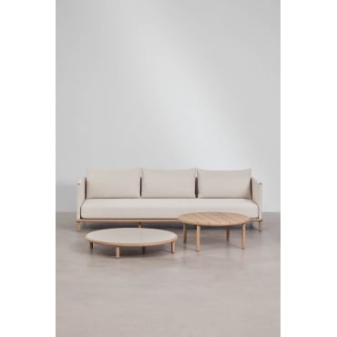 Woonkamer Set Met 3-zitsbank En 2 Ronde Salontafels Van Acaciahout Olivia Wit Gardenia - Lichtbruin Acacia & Lichte Acaciekleur - Sklum