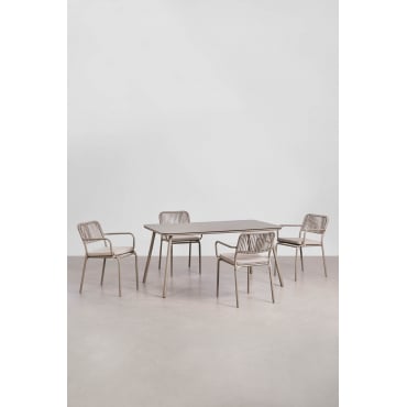 Rechthoekige Tuintafelset 160x90 Cm Met 4 Stapelbare Tuinstoelen Van Gevlochten Touw Arhiza Moka Bruin - Sklum
