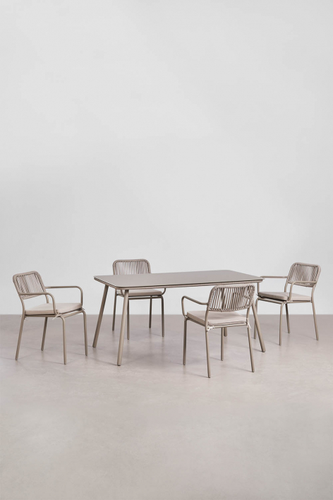 Rechthoekige eettafelset 160 x 90 cm met 4 stapelbare eetkamerstoelen van gevlochten touw Arhiza - Moka Bruin