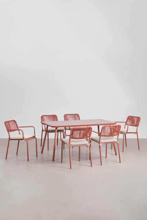 Rechthoekige eettafelset 160x90 cm met 6 stapelbare eetkamerstoelen van gevlochten touw Arhiza - Terracota