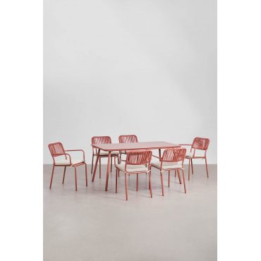 Rechthoekige Eettafelset 160x90 Cm Met 6 Stapelbare Eetkamerstoelen Van Gevlochten Touw Arhiza Terracota - Sklum