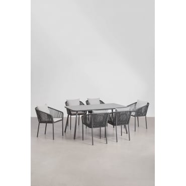 Rechthoekige Eettafelset 160x90 Cm Met 6 Eetkamerstoelen Van Gevlochten Touw Arhiza Classic Grijs – Grafiet - Sklum