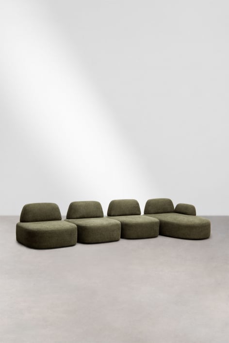 Rechte 4-delige modulaire chaise longue bank Giorgia bekleed - Stof Leger Groen