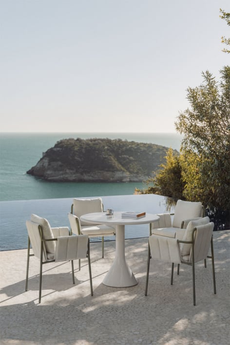 Set van ronde tafel Ø90 cm in cement en glasvezel Melody en 4 tuinstoelen met armleuningen, bekleed en van staal Zunika - Groen – intens olijf