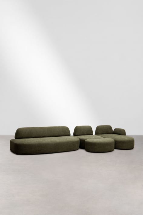 Rechtsmodulaire chaise longue bank van 3 delen met hoekmodule en gestoffeerde poef Giorgia - Stof Leger Groen