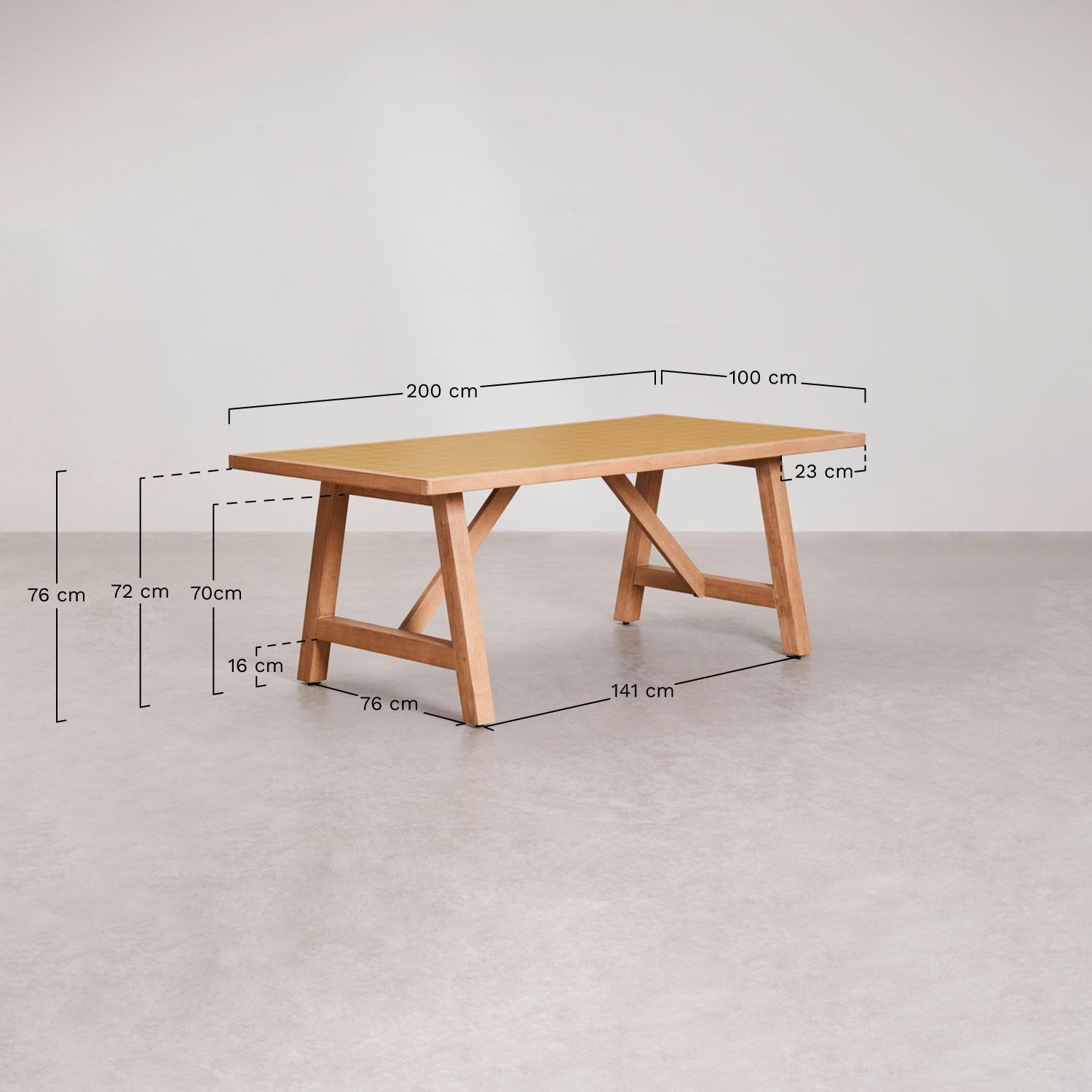 Set van een rechthoekige tafel 200x100 cm in tegellook en 8 tuinstoelen van acaciahout en cement Dubai, AFMETINGEN