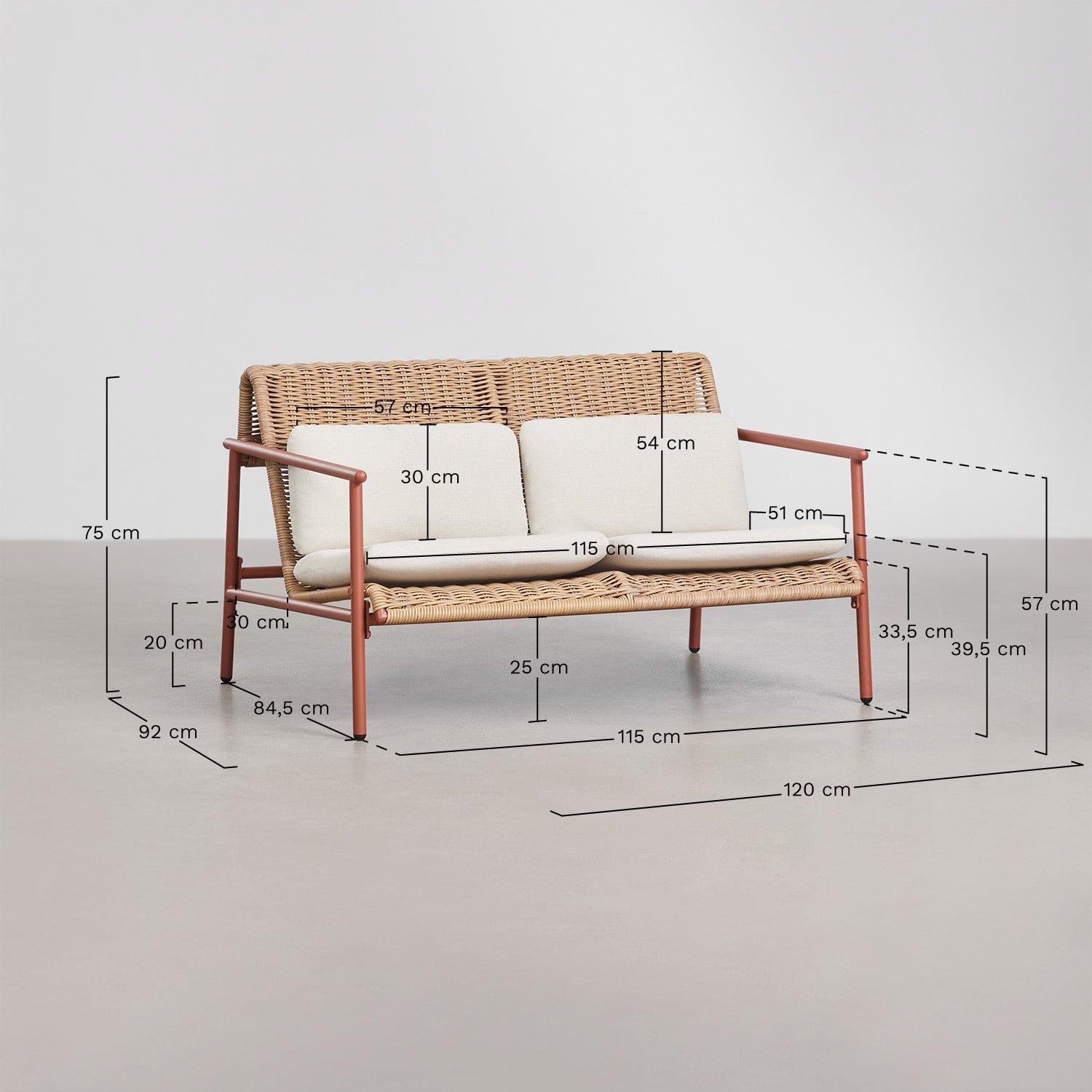 Tuinset met 2-zitsbank, 2 fauteuils en salontafel van aluminium en synthetisch riet Duroli, AFMETINGEN