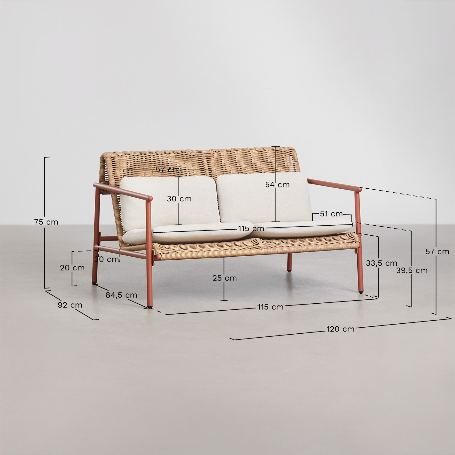 Tuinbank voor 2 personen van aluminium en synthetisch riet Duroli, AFMETINGEN