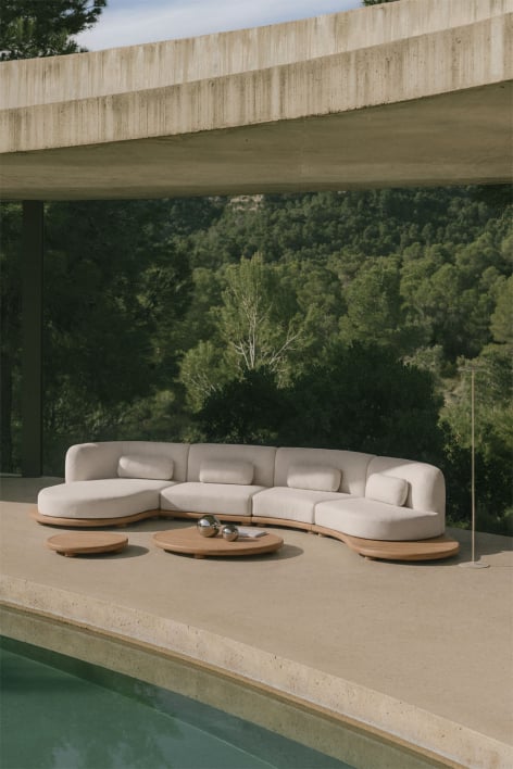 Tuinset met modulaire linker chaise longue bank van 4 delen en 2 salontafels van acaciahout Gerard - Lichte acaciekleur