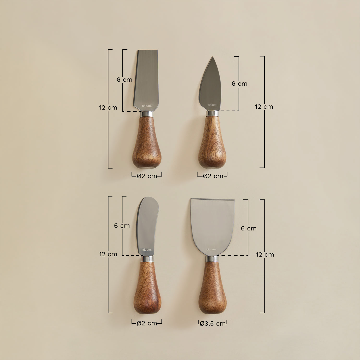 Set van 4 kaasmessen van hout en staal Anderson, AFMETINGEN