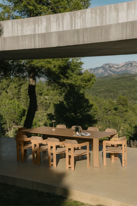 Rechthoekige eettafelset 270 x 105 cm Kandroa en 10 tuinstoelen van acaciahout en synthetisch riet Ginara