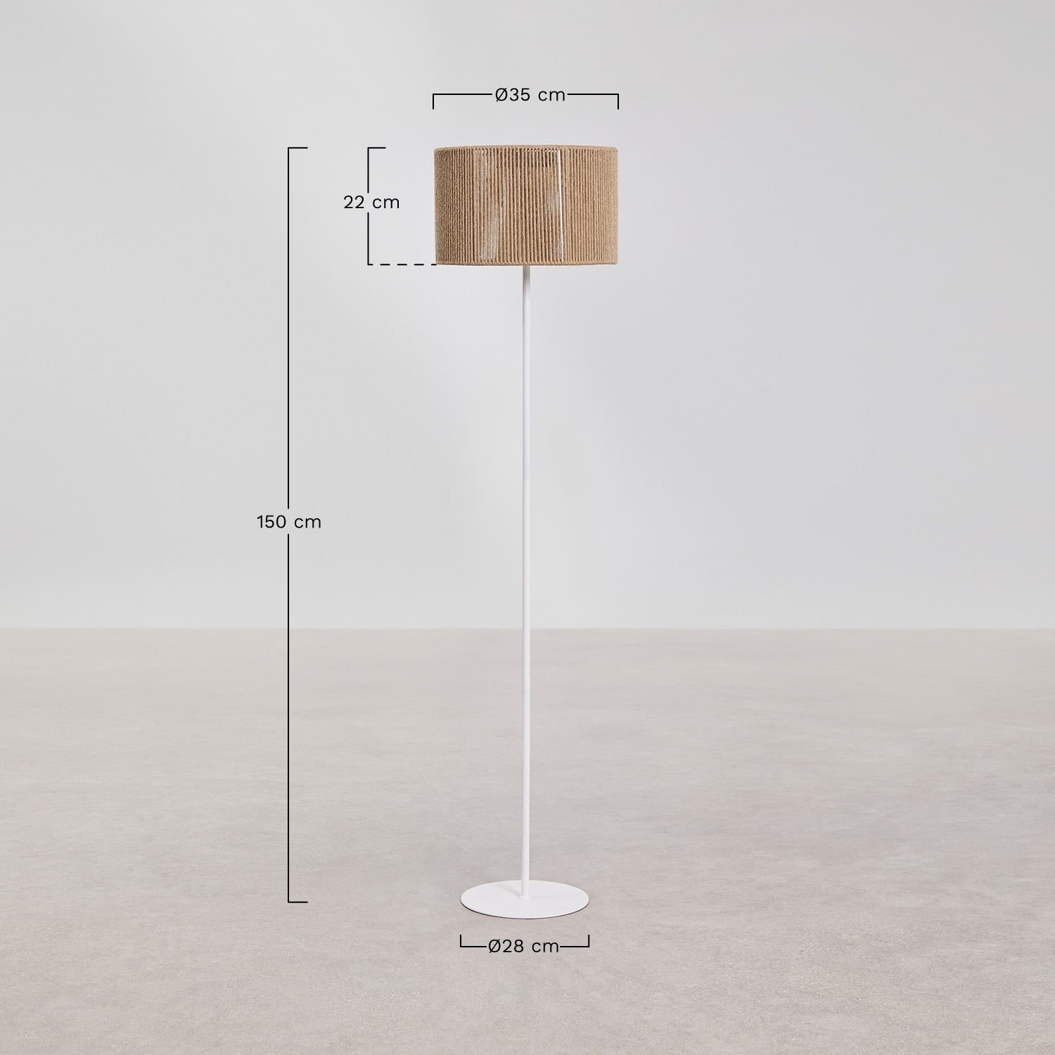 Draadloze LED-zonnevloerlamp voor buiten in ijzer en gevlochten touw Krabi, AFMETINGEN