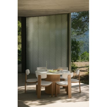 Set Van Ronde Tafel Ø120 Cm In Cement Sharpay En 6 Tuinstoelen Van Acaciahout En Malta Bouclé Stof Lichte Acaciekleur - Sklum