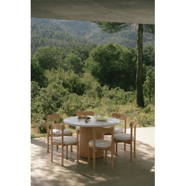 Set Van Een Ronde Tafel Ø120 Cm In Cement Sharpay En 6 Tuinstoelen Van Acaciahout Nualis Lichte Acaciekleur - Sklum