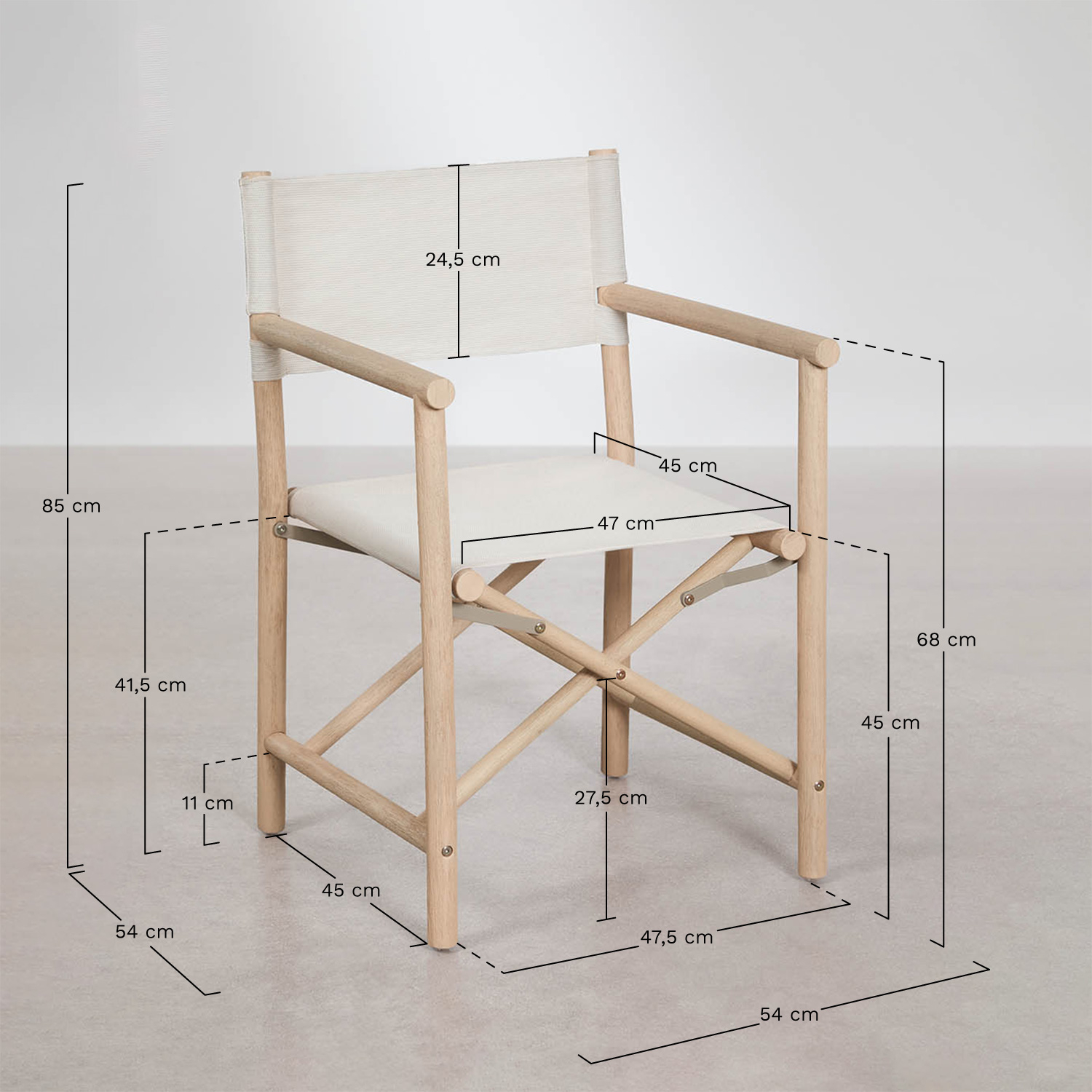 Set van een ronde tafel Ø120 cm in cement Sharpay en 6 opvouwbare regisseursstoelen voor buiten in acaciahout Olivia, AFMETINGEN